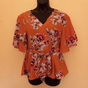 ROMWE Orange Floral Peplum Top 2XL